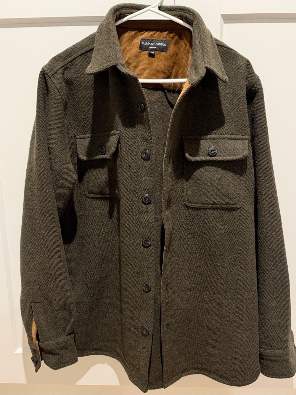 Men's Olive Green Shirt Jacket with Tan Lining -